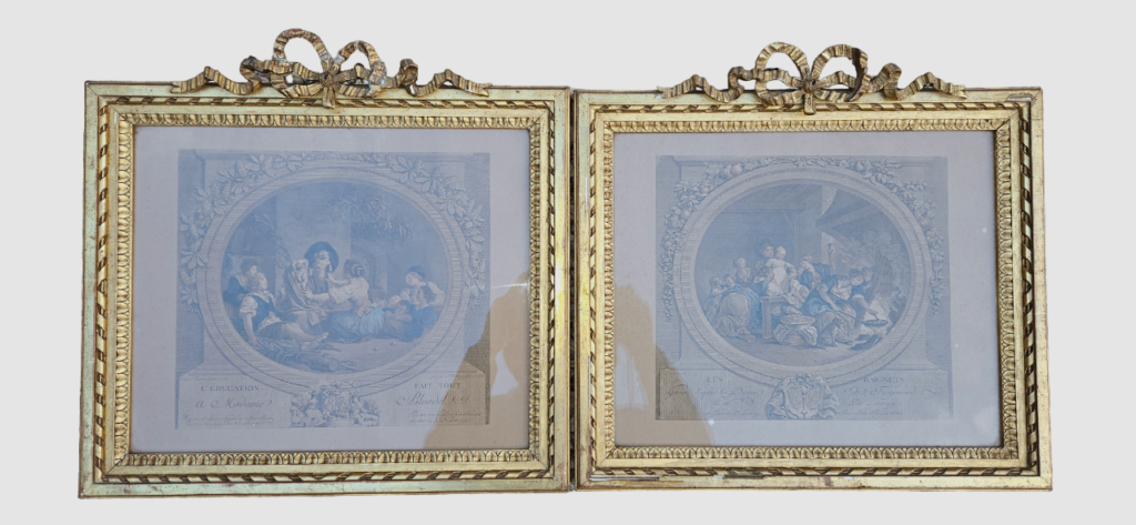 2 gravures fragonard, au phil des temps, cadre louis 16, gravure 19eme,